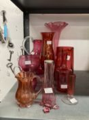 Glass: 19th cent. Cranberry glass, three jugs, large goblet and six vases. (10)