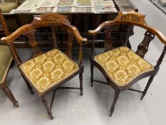 Edwardian Regency revival corner chairs, bow shaped backs with boxwood inlay pierced splats,