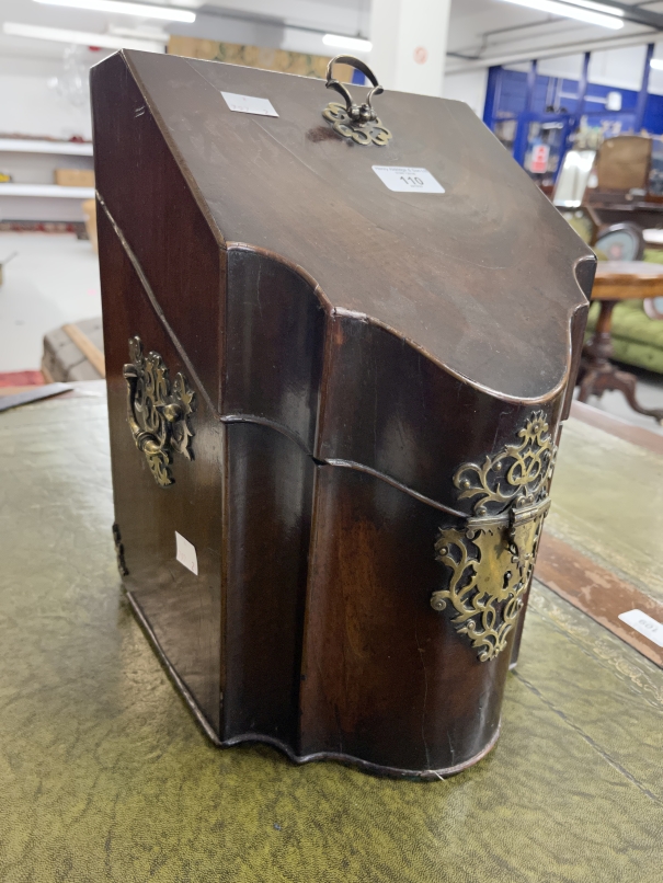 Late 18th cent. Mahogany serpentine knife box with brass fretwork escutcheon handle plates and