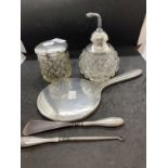 Hallmarked Silver: Dressing table hand mirror, cut glass atomizer perfume bottle, cut glass round