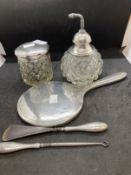 Hallmarked Silver: Dressing table hand mirror, cut glass atomizer perfume bottle, cut glass round