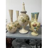 Late 19th cent. Garniture of milk glass vases, a pair, lidded vessel decorated with flowers 17ins,