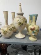 Late 19th cent. Garniture of milk glass vases, a pair, lidded vessel decorated with flowers 17ins,