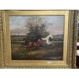 James Clark (1812-1888): Oil on canvas, three galloping horses in a field with a locomotive in the