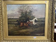 James Clark (1812-1888): Oil on canvas, three galloping horses in a field with a locomotive in the