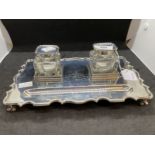 Hallmarked Silver: Writing tray with two glass and silver inkwells, scalloped pattern border,