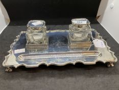 Hallmarked Silver: Writing tray with two glass and silver inkwells, scalloped pattern border,