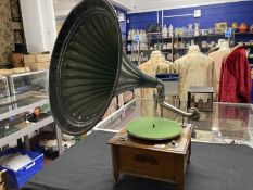 Mechanical Music Property of Local Collector. Gramophones: Robey Phone tin horn gramophone on oak