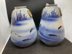 Japanese Ceramics: 19th cent. Fukagawa vases decorated with fish and reeds. 9ins.