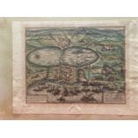 Maps: 17th/18th cent. Hand coloured engraved map of Tunis laid on board. Condition as per