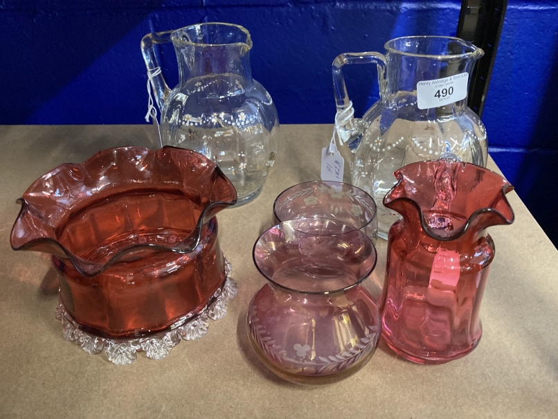 Late 19th/Early 20th cent. Glass: Cranberry glass fluted bowl with glass applied Rigaree base, cream