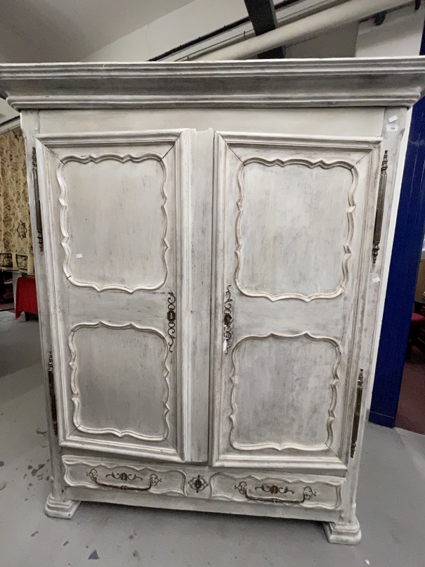 19th cent. Northern European whitewashed mahogany double wardrobe with drawer, steel hinges and
