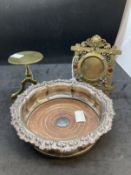 19th cent. Miniature brass tripod table, a brass easel watch holder inset with glass beads and a