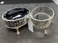 Hallmarked Silver: Georgian pair of pierced oval salts on four claw and ball feet with one blue
