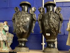 Ceramics: Continental pottery vases, the handles formed as angels, classical maidens dancing to