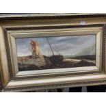 19th cent. Oil on canvas, harbour scene in gilt frame, indistinctly signed. 7½ins. x 17½ins. Plus