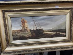 19th cent. Oil on canvas, harbour scene in gilt frame, indistinctly signed. 7½ins. x 17½ins. Plus