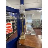 Victorian brass Corinthian column oil lamp, stepped base with laurel wreaths, reeded column, clear
