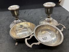 Hallmarked Silver: Pair of miniature candlesticks, plus Birmingham hallmarked tea strainer and bowl.