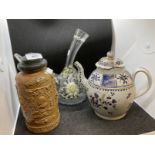18th cent. German Rheinish salt glazed pewter mounted tobacco jar with a moulded scrollwork design
