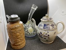 18th cent. German Rheinish salt glazed pewter mounted tobacco jar with a moulded scrollwork design