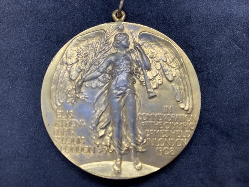 Olympic Games: 1908 pewter gilt Participation Medal, on the obverse is a Greek quadriga with the - Image 2 of 2