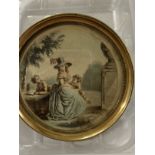 19th cent. English School: Pair of miniatures lady and children painted on silk in round brass