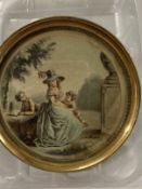 19th cent. English School: Pair of miniatures lady and children painted on silk in round brass