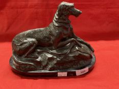 20th cent. Spelter deerhound on a black marble base together with a modern bronze retriever on a