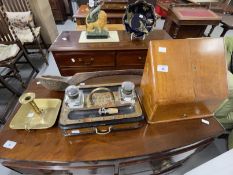 Late 19th cent. Walnut and brass inkwell with two square glass bottles, single drawer and brass