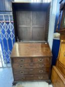 18th cent. Mahogany bureau bookcase, the bureau with hinged fall opening to reveal a fitted interior