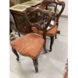 Victorian dining chairs with shaped back splats, upholstered seats on cabriole legs, a pair. Plus