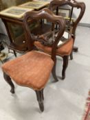 Victorian dining chairs with shaped back splats, upholstered seats on cabriole legs, a pair. Plus