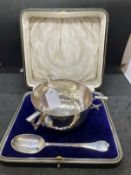Hallmarked Silver: Art Nouveau three scroll handled bowl or Tyg and spoon planished inside and