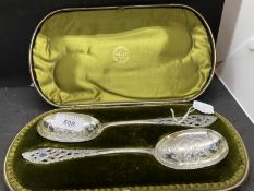 Hallmarked Silver: Serving spoons, a pair, bowls having floral, leaf and scroll decoration and