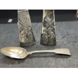 Hallmarked Silver: Georgian tablespoon hallmarked London. Weight 2oz. Plus a pair of triangular