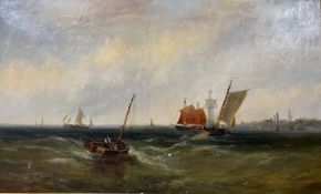 J.W. Callow: Flourished 1860 oil on canvas, a maritime study sailing ships in rough seas off a