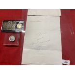 Autographs: Muhammed Ali signed letter plus two commemorative coins given by Ali to vendor's husband