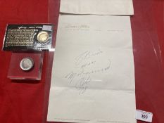 Autographs: Muhammed Ali signed letter plus two commemorative coins given by Ali to vendor's husband