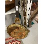 Agricultural Tools & Brassware: 19th cent. Scythe, brass bedpan, oil ladle and fire tools.