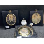 English School: Portrait miniatures of ladies on paper in black frames. 3ins. x 2½ins. (2) Plus an
