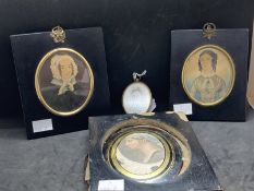 English School: Portrait miniatures of ladies on paper in black frames. 3ins. x 2½ins. (2) Plus an