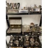 Silver Plate: Collection of items including coffee pots, candle holders, set of mother of pearl