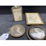 Miniatures: Brass framed pencil drawing, a gentleman in a round brass frame, watercolour of a