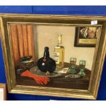 Marta Stubbs: 20th cent. Oil on canvas still life with bottles, glasses, cigarette box and red