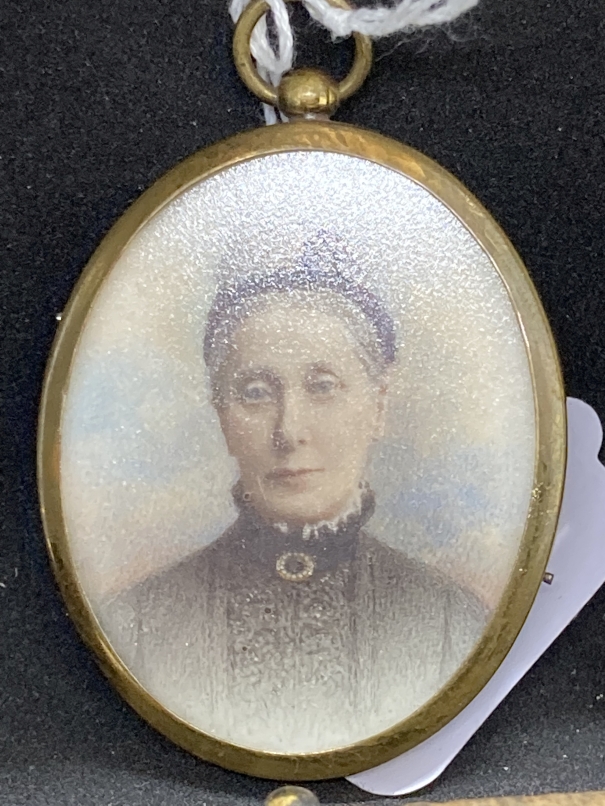 English School: Portrait miniatures of ladies on paper in black frames. 3ins. x 2½ins. (2) Plus an - Image 4 of 4