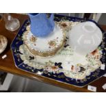 Ceramics & Glass: Mixed lot to include Gaudy Welsh meat plate, blue jug, plates and a white glass