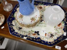 Ceramics & Glass: Mixed lot to include Gaudy Welsh meat plate, blue jug, plates and a white glass