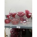 Glass: 19th cent. Cranberry glass bon bon dishes, a pair, basket, seven glasses, two dishes and