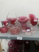 Glass: 19th cent. Cranberry glass bon bon dishes, a pair, basket, seven glasses, two dishes and